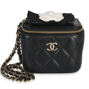 Chanel Black Quilted Lambskin Camelia Bow Chain Mini Vanity Case